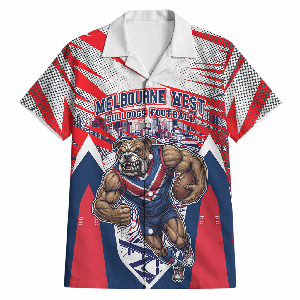 Personalised Western Bulldogs Fan Pride Hawaiian Shirt Muscular Bulldog Mascot Graphic Art With Melbourne City Skyline