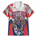 Personalised Western Bulldogs Fan Pride Hawaiian Shirt Muscular Bulldog Mascot Graphic Art With Melbourne City Skyline