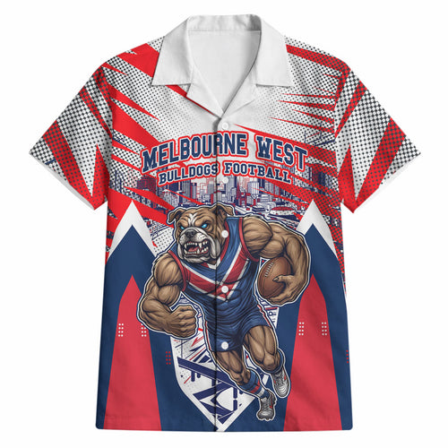 Personalised Western Bulldogs Fan Pride Hawaiian Shirt Muscular Bulldog Mascot Graphic Art With Melbourne City Skyline