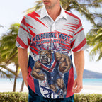 Personalised Western Bulldogs Fan Pride Hawaiian Shirt Muscular Bulldog Mascot Graphic Art With Melbourne City Skyline