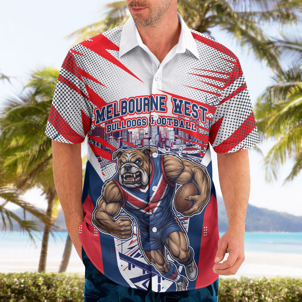 Personalised Western Bulldogs Fan Pride Hawaiian Shirt Muscular Bulldog Mascot Graphic Art With Melbourne City Skyline