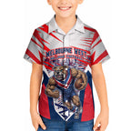 Personalised Western Bulldogs Fan Pride Hawaiian Shirt Muscular Bulldog Mascot Graphic Art With Melbourne City Skyline