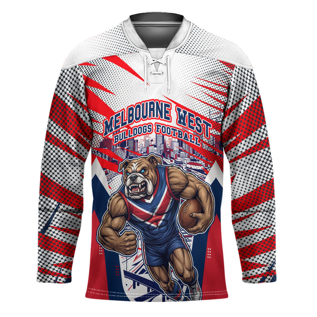 Personalised Western Bulldogs Fan Pride Hockey Jersey Muscular Bulldog Mascot Graphic Art With Melbourne City Skyline