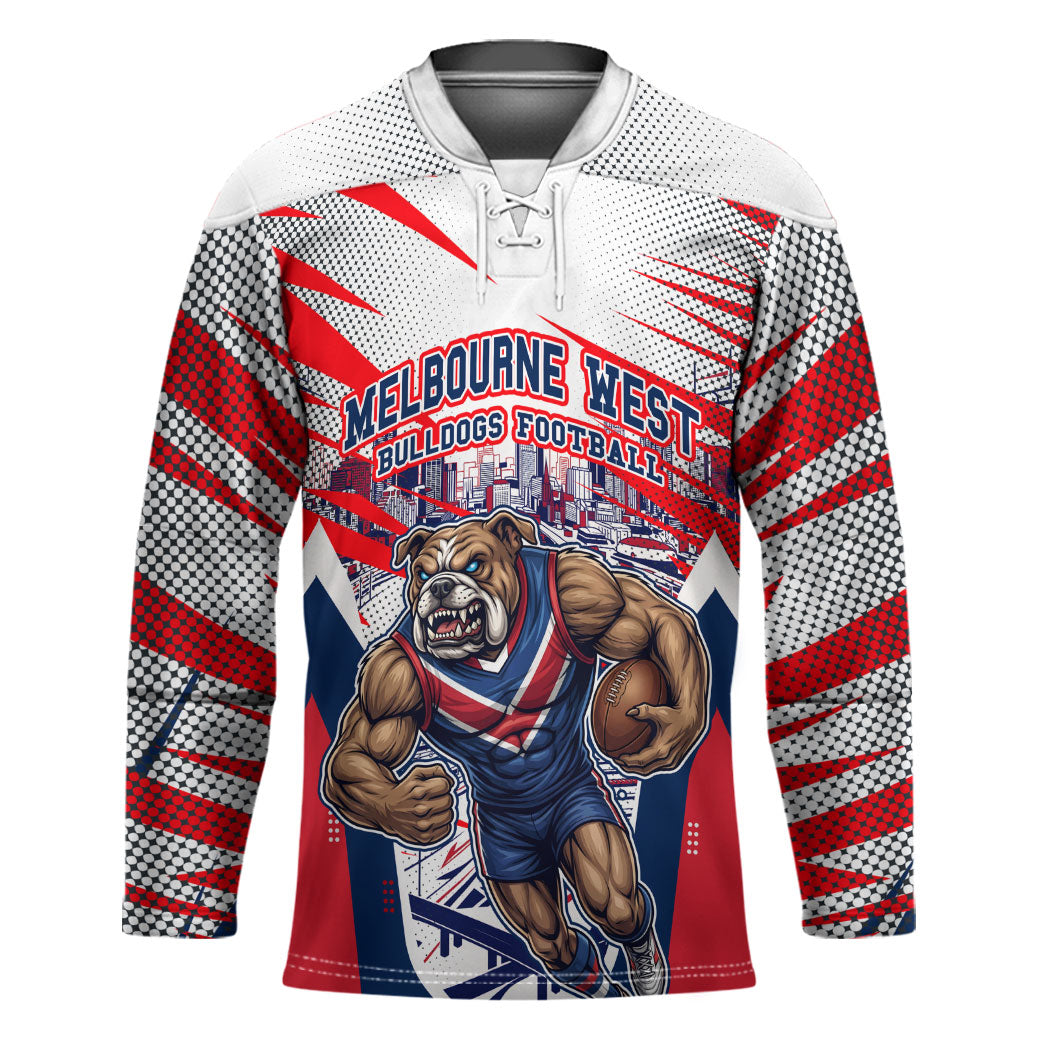 Personalised Western Bulldogs Fan Pride Hockey Jersey Muscular Bulldog Mascot Graphic Art With Melbourne City Skyline