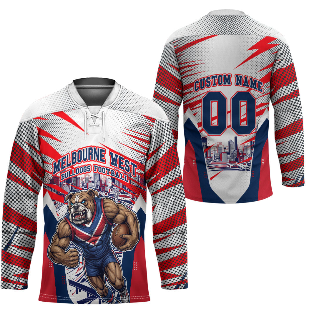 Personalised Western Bulldogs Fan Pride Hockey Jersey Muscular Bulldog Mascot Graphic Art With Melbourne City Skyline