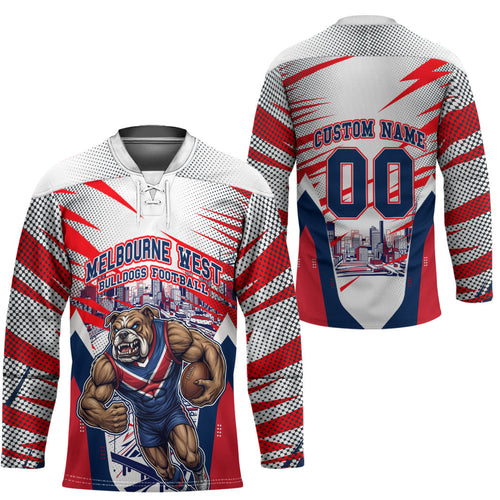 Personalised Western Bulldogs Fan Pride Hockey Jersey Muscular Bulldog Mascot Graphic Art With Melbourne City Skyline