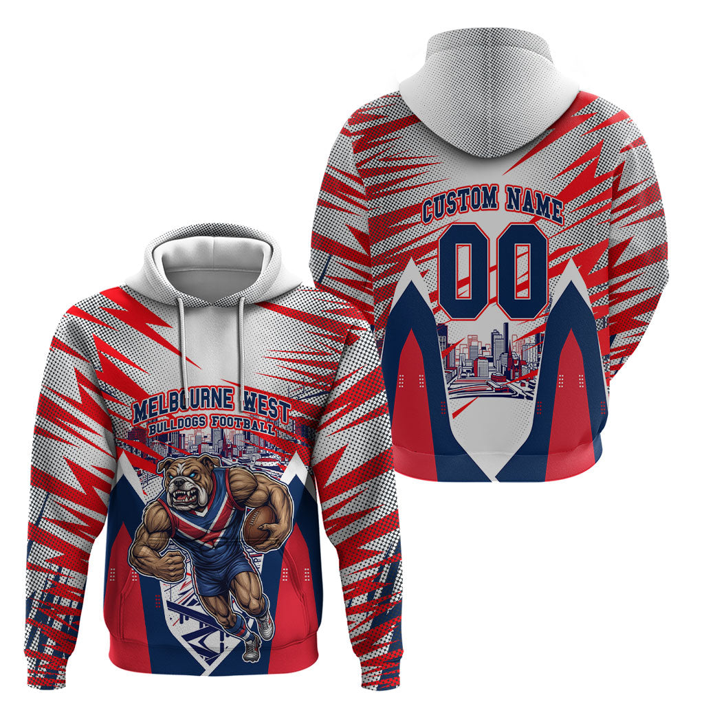 Personalised Western Bulldogs Fan Pride Hoodie Muscular Bulldog Mascot Graphic Art With Melbourne City Skyline