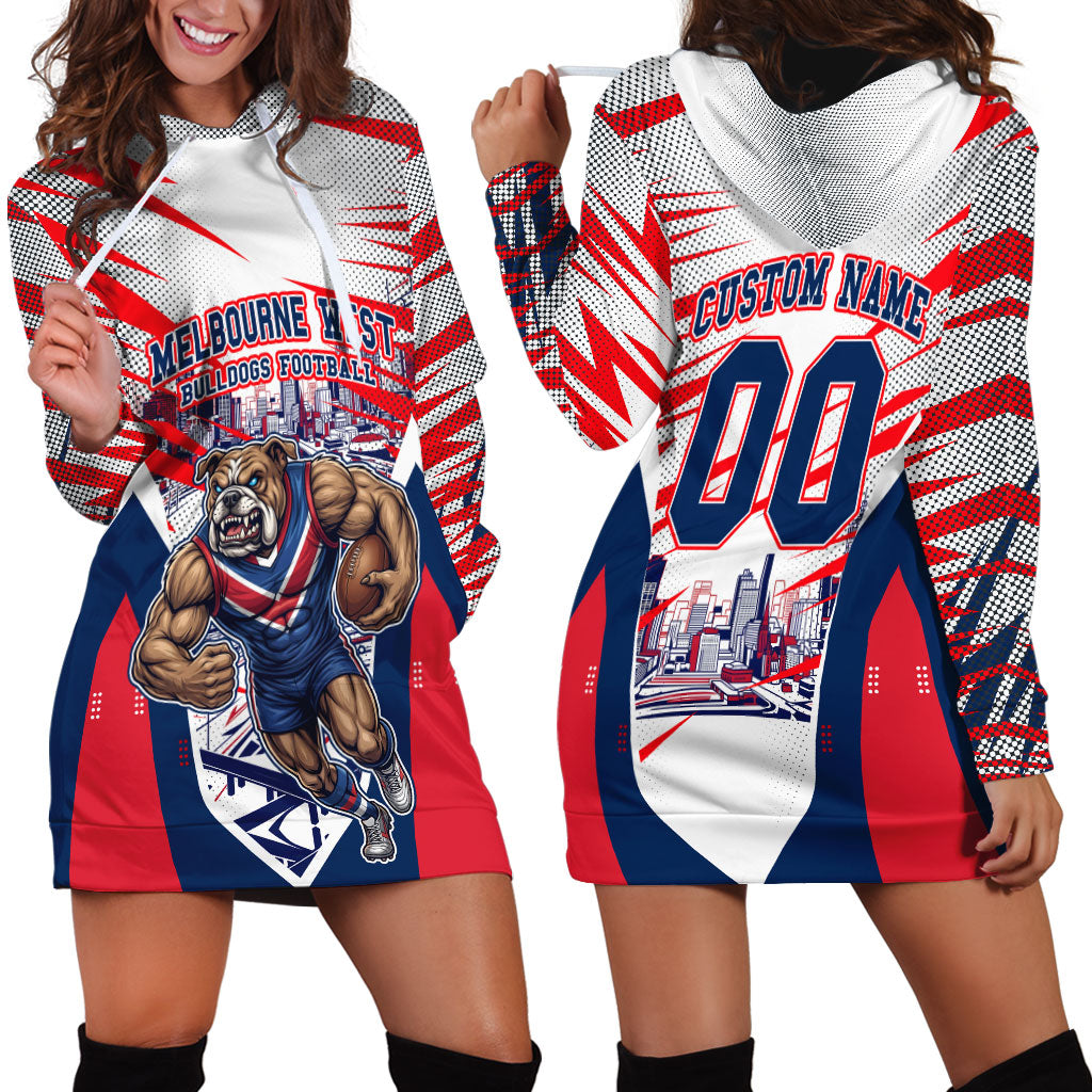 Personalised Western Bulldogs Fan Pride Hoodie Dress Muscular Bulldog Mascot Graphic Art With Melbourne City Skyline