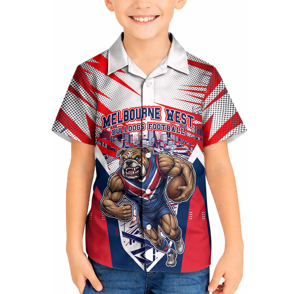 Personalised Western Bulldogs Fan Pride Kid Hawaiian Shirt Muscular Bulldog Mascot Graphic Art With Melbourne City Skyline