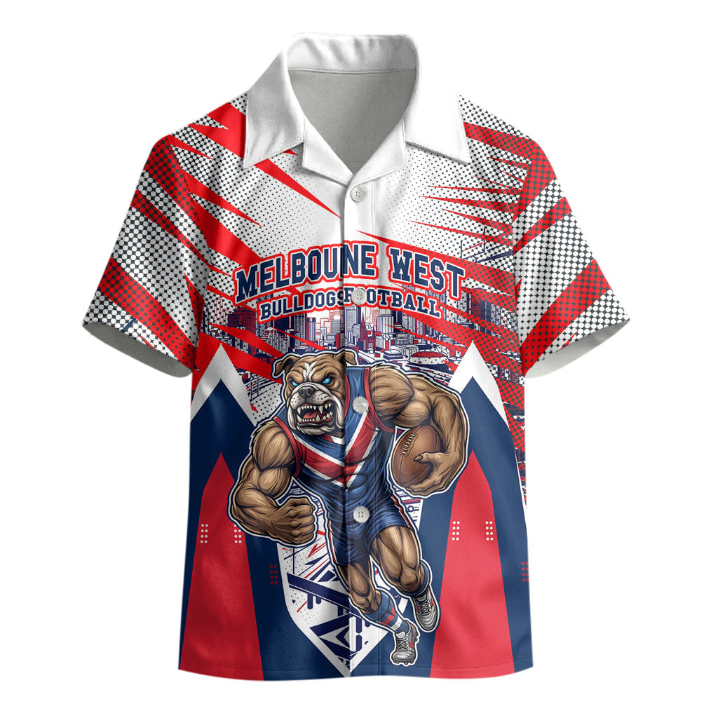 Personalised Western Bulldogs Fan Pride Kid Hawaiian Shirt Muscular Bulldog Mascot Graphic Art With Melbourne City Skyline