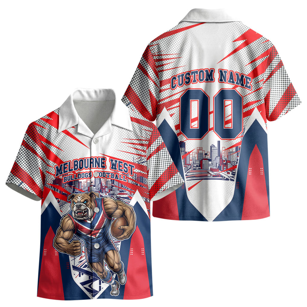 Personalised Western Bulldogs Fan Pride Kid Hawaiian Shirt Muscular Bulldog Mascot Graphic Art With Melbourne City Skyline