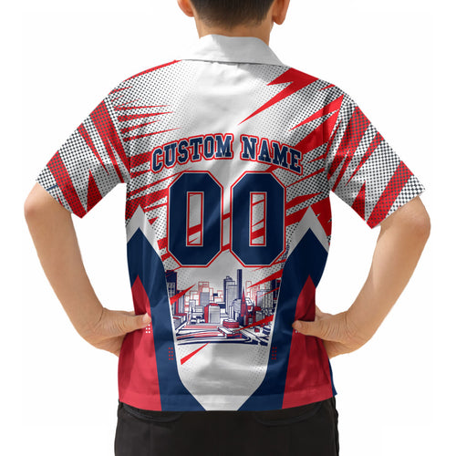 Personalised Western Bulldogs Fan Pride Kid Hawaiian Shirt Muscular Bulldog Mascot Graphic Art With Melbourne City Skyline