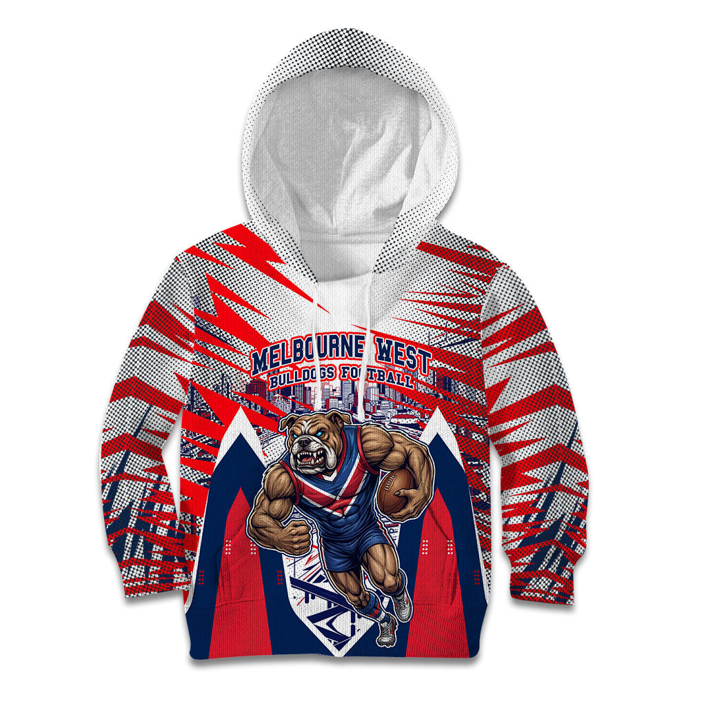 Personalised Western Bulldogs Fan Pride Kid Hoodie Muscular Bulldog Mascot Graphic Art With Melbourne City Skyline