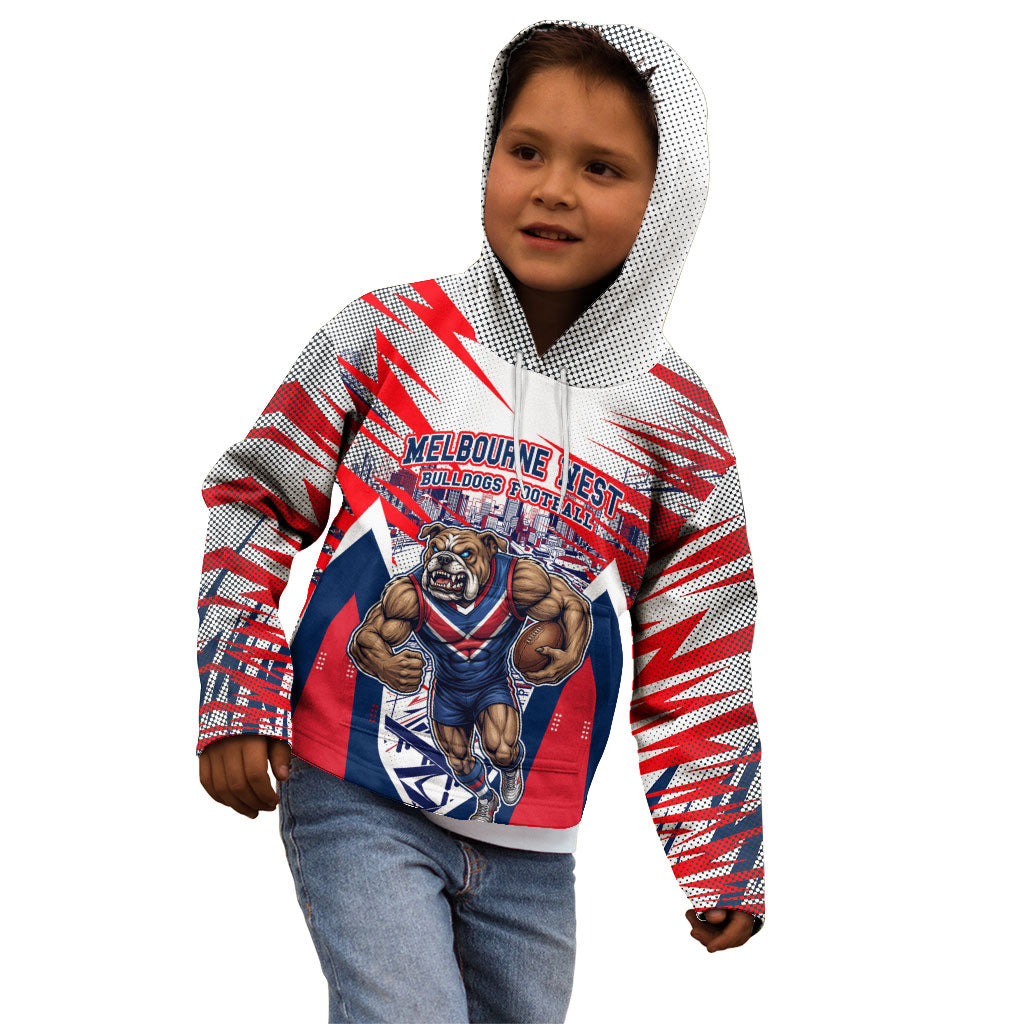 Personalised Western Bulldogs Fan Pride Kid Hoodie Muscular Bulldog Mascot Graphic Art With Melbourne City Skyline