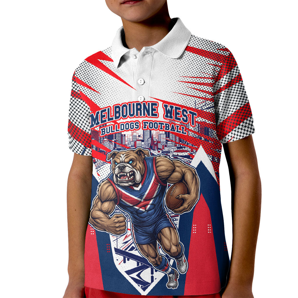 Personalised Western Bulldogs Fan Pride Kid Polo Shirt Muscular Bulldog Mascot Graphic Art With Melbourne City Skyline