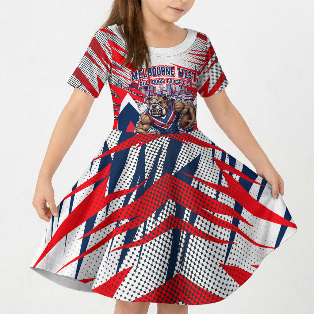 Personalised Western Bulldogs Fan Pride Kid Short Sleeve Dress Muscular Bulldog Mascot Graphic Art With Melbourne City Skyline