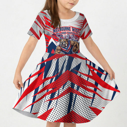 Personalised Western Bulldogs Fan Pride Kid Short Sleeve Dress Muscular Bulldog Mascot Graphic Art With Melbourne City Skyline