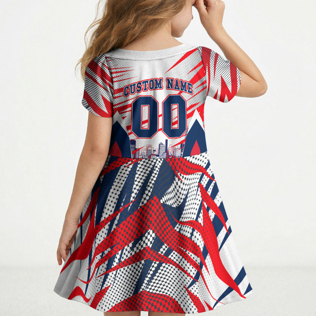 Personalised Western Bulldogs Fan Pride Kid Short Sleeve Dress Muscular Bulldog Mascot Graphic Art With Melbourne City Skyline