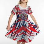 Personalised Western Bulldogs Fan Pride Kid Short Sleeve Dress Muscular Bulldog Mascot Graphic Art With Melbourne City Skyline