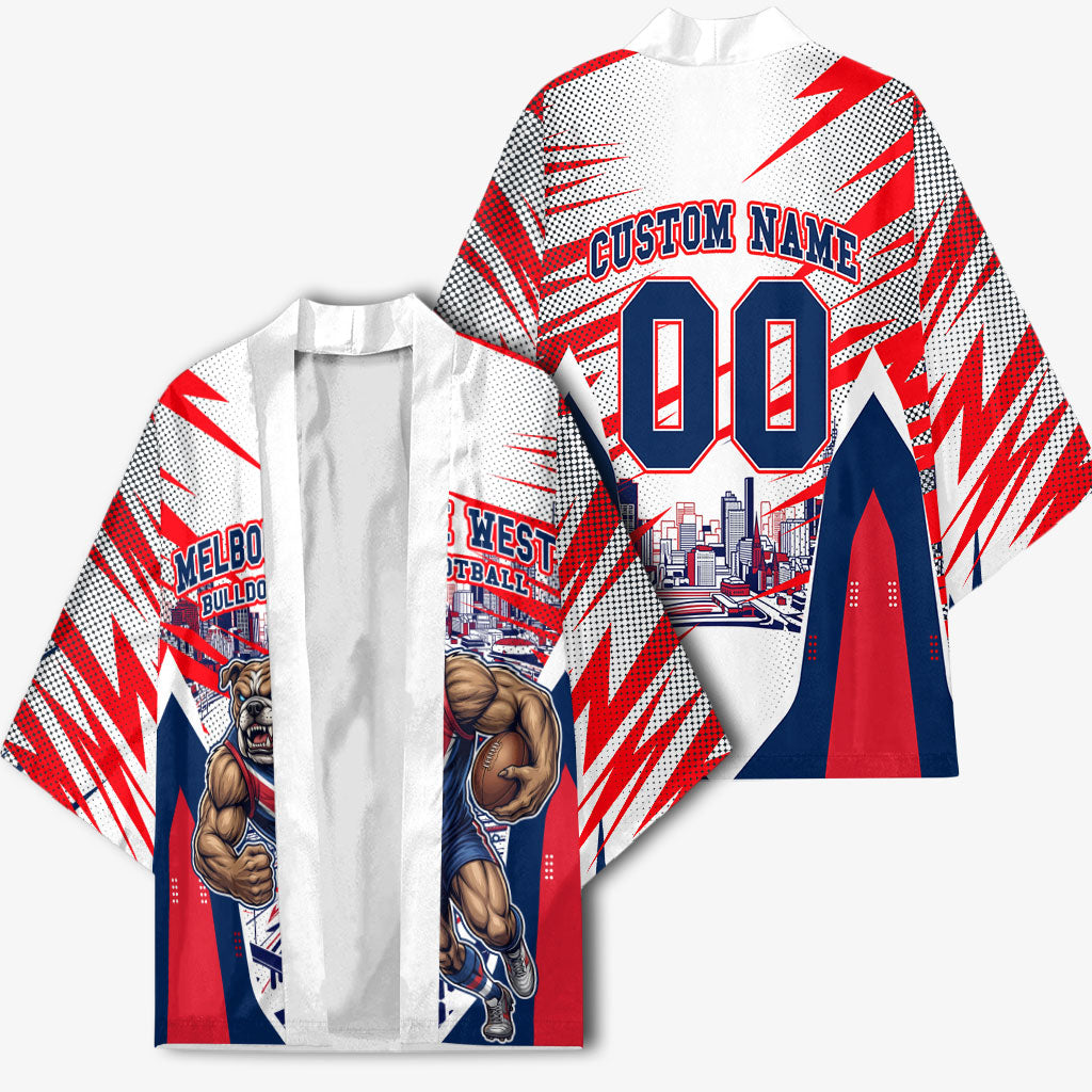 Personalised Western Bulldogs Fan Pride Kimono Muscular Bulldog Mascot Graphic Art With Melbourne City Skyline