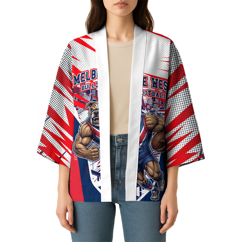 Personalised Western Bulldogs Fan Pride Kimono Muscular Bulldog Mascot Graphic Art With Melbourne City Skyline