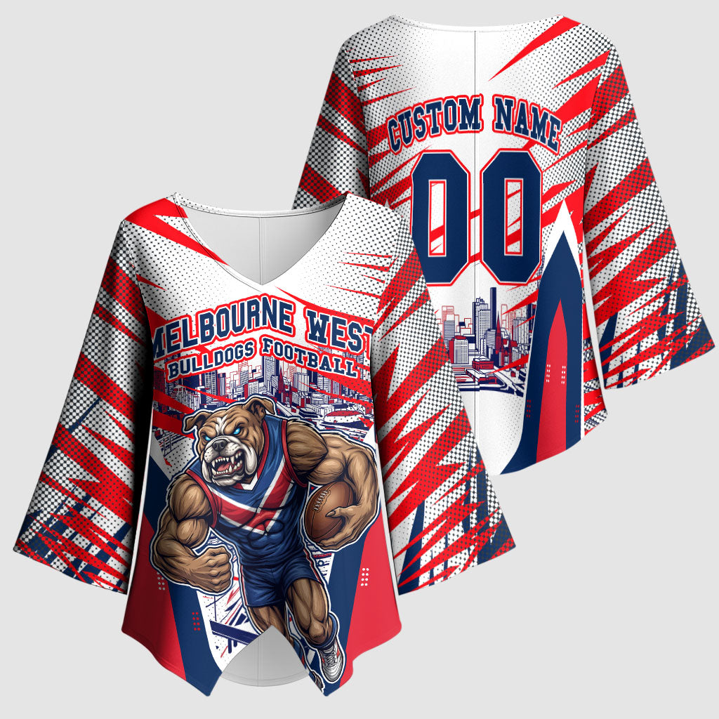 Personalised Western Bulldogs Fan Pride Kimono Sleeve Blouse Muscular Bulldog Mascot Graphic Art With Melbourne City Skyline