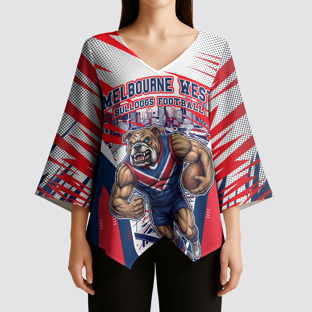 Personalised Western Bulldogs Fan Pride Kimono Sleeve Blouse Muscular Bulldog Mascot Graphic Art With Melbourne City Skyline