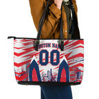 Personalised Western Bulldogs Fan Pride Leather Tote Bag Muscular Bulldog Mascot Graphic Art With Melbourne City Skyline