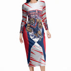 Personalised Western Bulldogs Fan Pride Long Sleeve Bodycon Dress Muscular Bulldog Mascot Graphic Art With Melbourne City Skyline