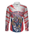 Personalised Western Bulldogs Fan Pride Long Sleeve Button Shirt Muscular Bulldog Mascot Graphic Art With Melbourne City Skyline