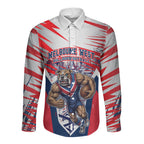 Personalised Western Bulldogs Fan Pride Long Sleeve Button Shirt Muscular Bulldog Mascot Graphic Art With Melbourne City Skyline