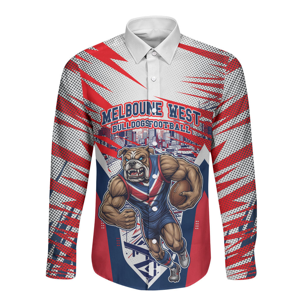 Personalised Western Bulldogs Fan Pride Long Sleeve Button Shirt Muscular Bulldog Mascot Graphic Art With Melbourne City Skyline
