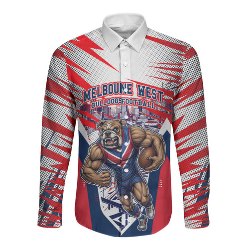 Personalised Western Bulldogs Fan Pride Long Sleeve Button Shirt Muscular Bulldog Mascot Graphic Art With Melbourne City Skyline