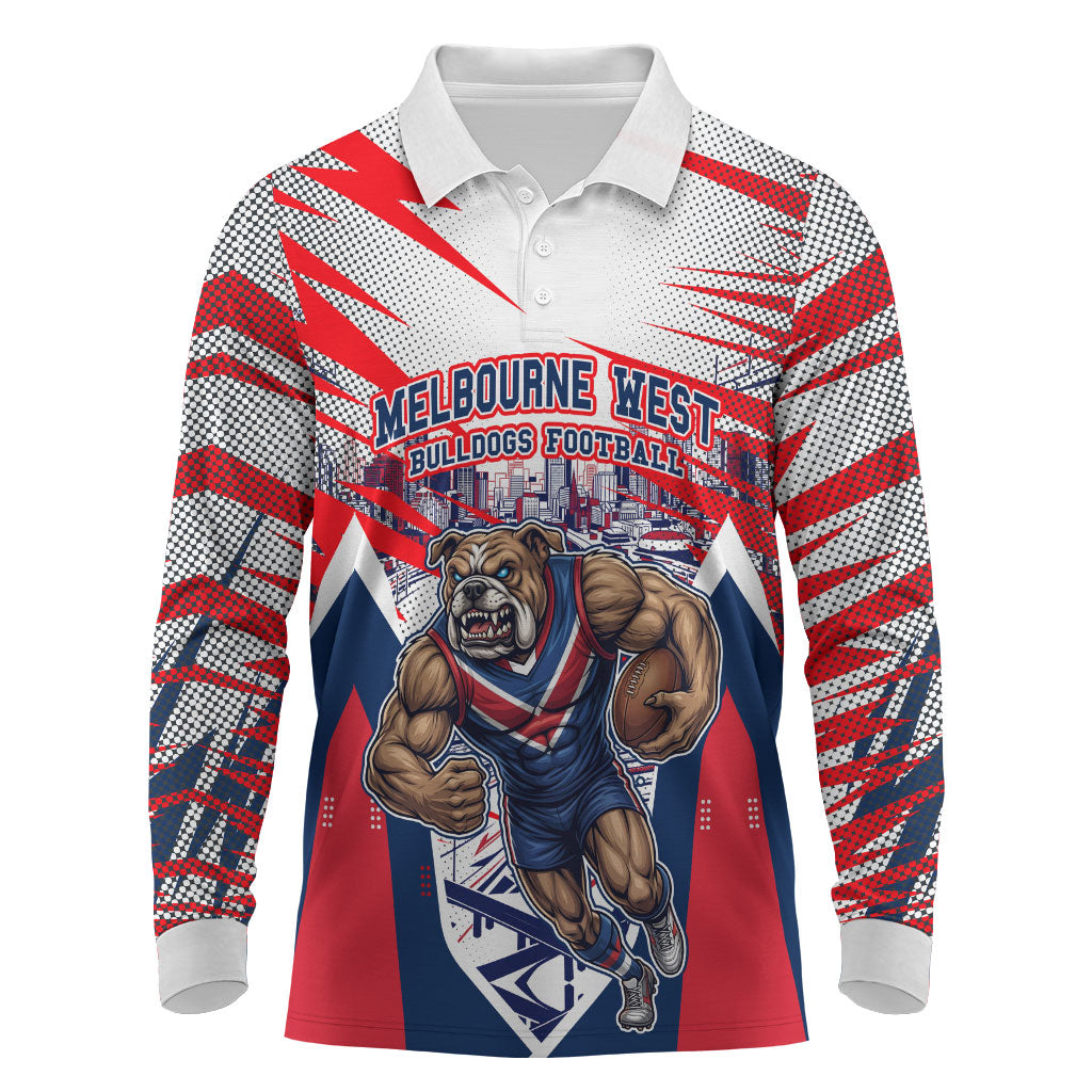 Personalised Western Bulldogs Fan Pride Long Sleeve Polo Shirt Muscular Bulldog Mascot Graphic Art With Melbourne City Skyline