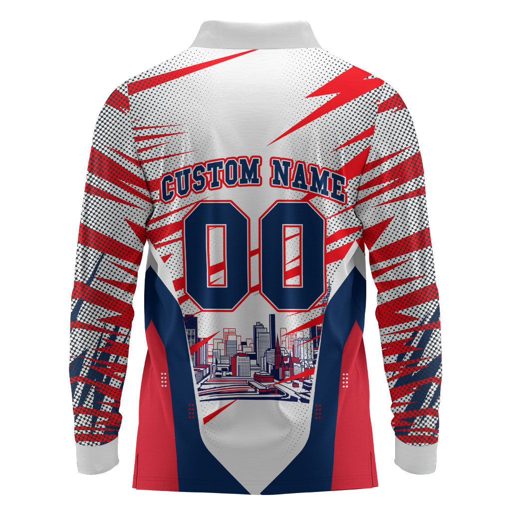 Personalised Western Bulldogs Fan Pride Long Sleeve Polo Shirt Muscular Bulldog Mascot Graphic Art With Melbourne City Skyline