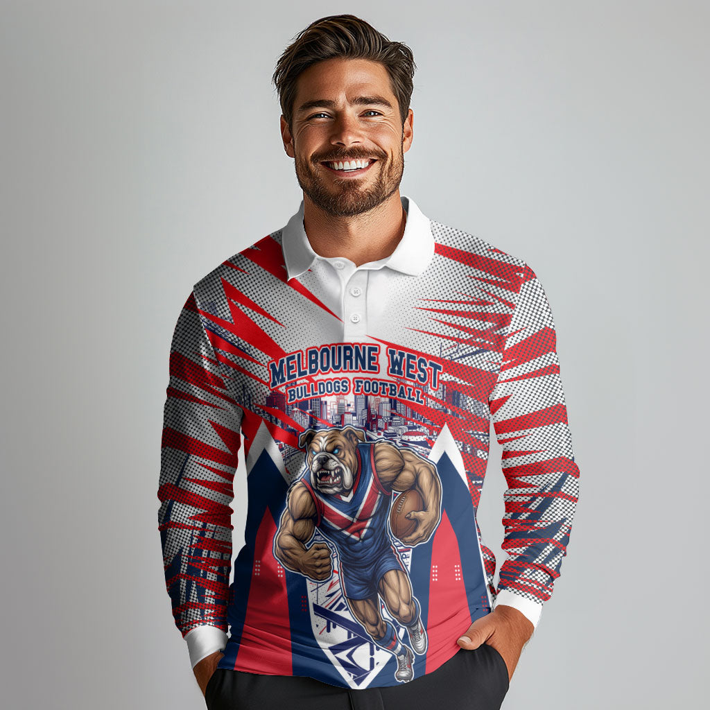 Personalised Western Bulldogs Fan Pride Long Sleeve Polo Shirt Muscular Bulldog Mascot Graphic Art With Melbourne City Skyline