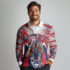 Personalised Western Bulldogs Fan Pride Long Sleeve Polo Shirt Muscular Bulldog Mascot Graphic Art With Melbourne City Skyline