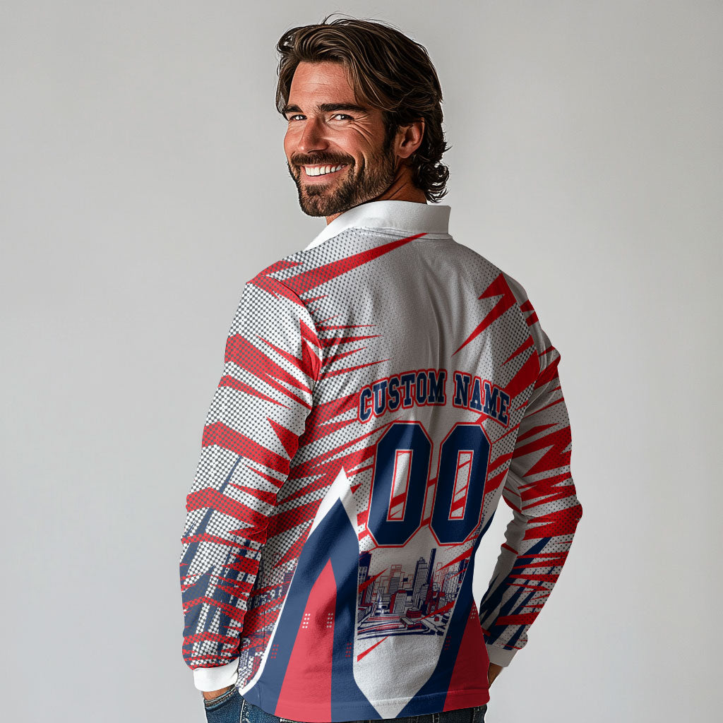 Personalised Western Bulldogs Fan Pride Long Sleeve Polo Shirt Muscular Bulldog Mascot Graphic Art With Melbourne City Skyline