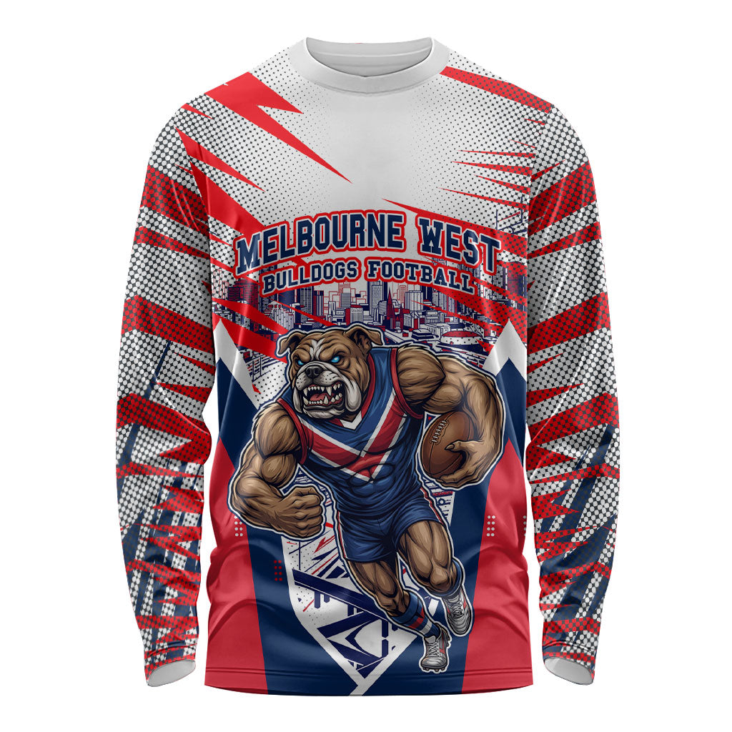 Personalised Western Bulldogs Fan Pride Long Sleeve Shirt Muscular Bulldog Mascot Graphic Art With Melbourne City Skyline