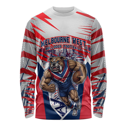 Personalised Western Bulldogs Fan Pride Long Sleeve Shirt Muscular Bulldog Mascot Graphic Art With Melbourne City Skyline