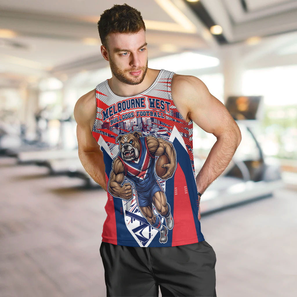Personalised Western Bulldogs Fan Pride Men Tank Top Muscular Bulldog Mascot Graphic Art With Melbourne City Skyline