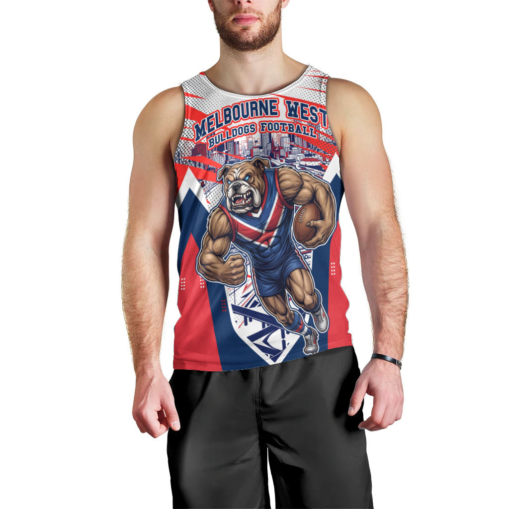 Personalised Western Bulldogs Fan Pride Men Tank Top Muscular Bulldog Mascot Graphic Art With Melbourne City Skyline