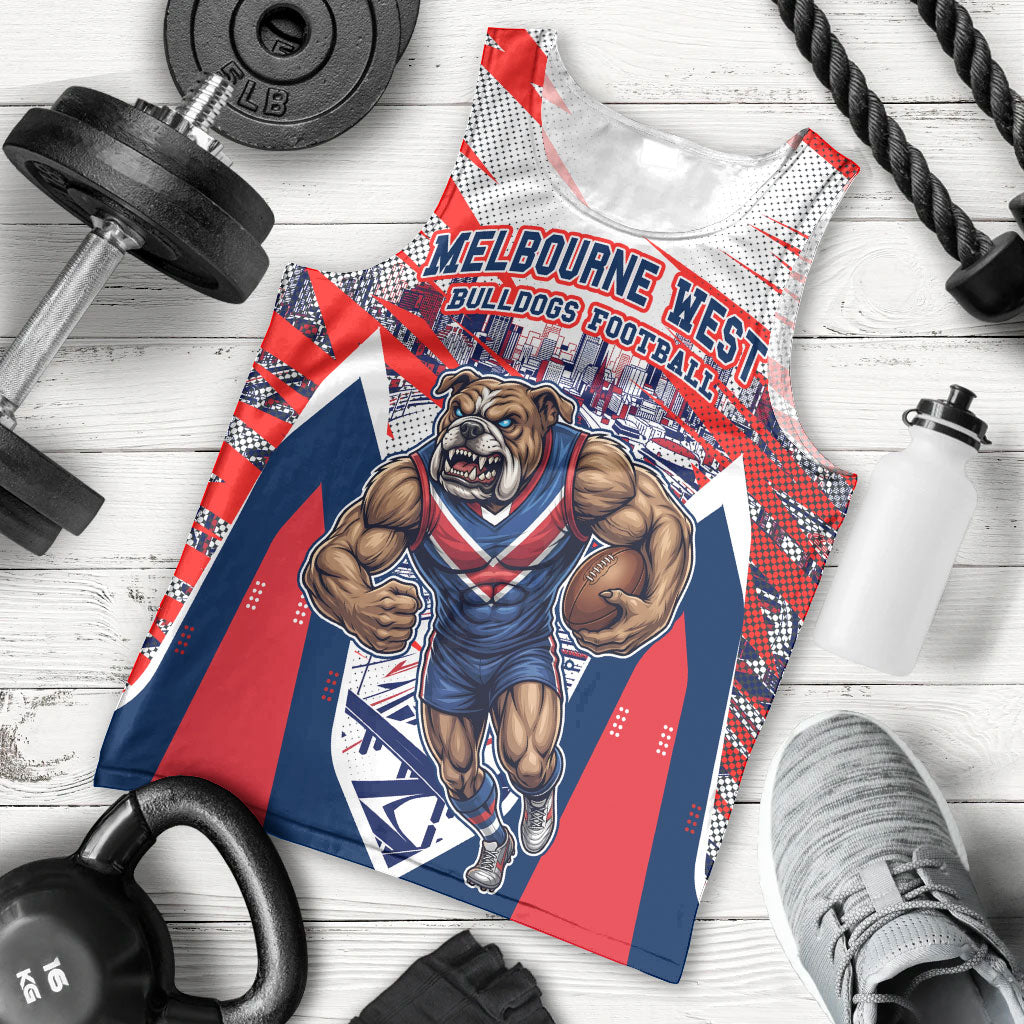 Personalised Western Bulldogs Fan Pride Men Tank Top Muscular Bulldog Mascot Graphic Art With Melbourne City Skyline