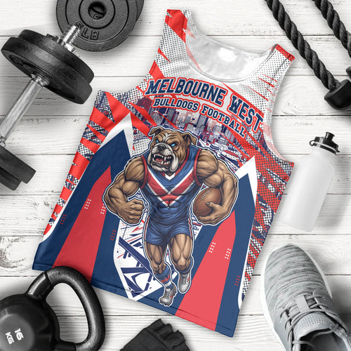 Personalised Western Bulldogs Fan Pride Men Tank Top Muscular Bulldog Mascot Graphic Art With Melbourne City Skyline