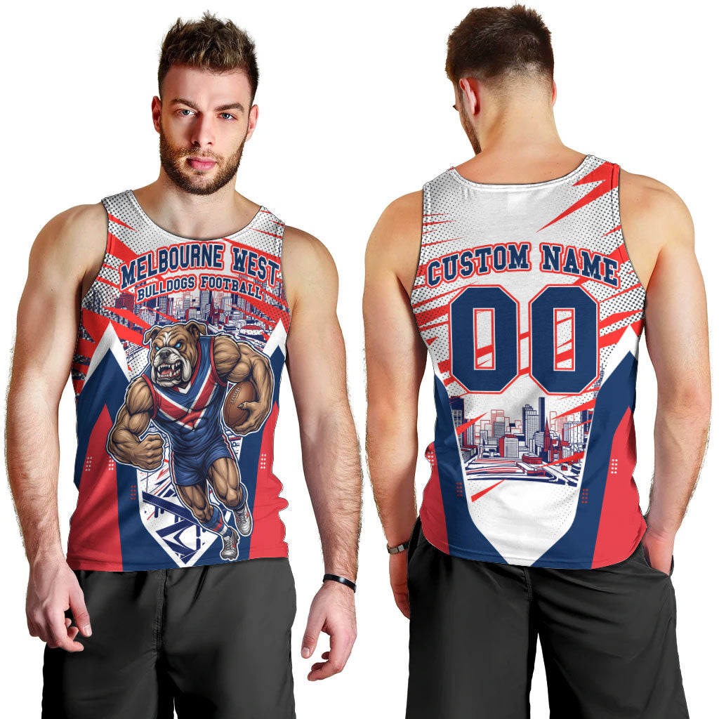 Personalised Western Bulldogs Fan Pride Men Tank Top Muscular Bulldog Mascot Graphic Art With Melbourne City Skyline