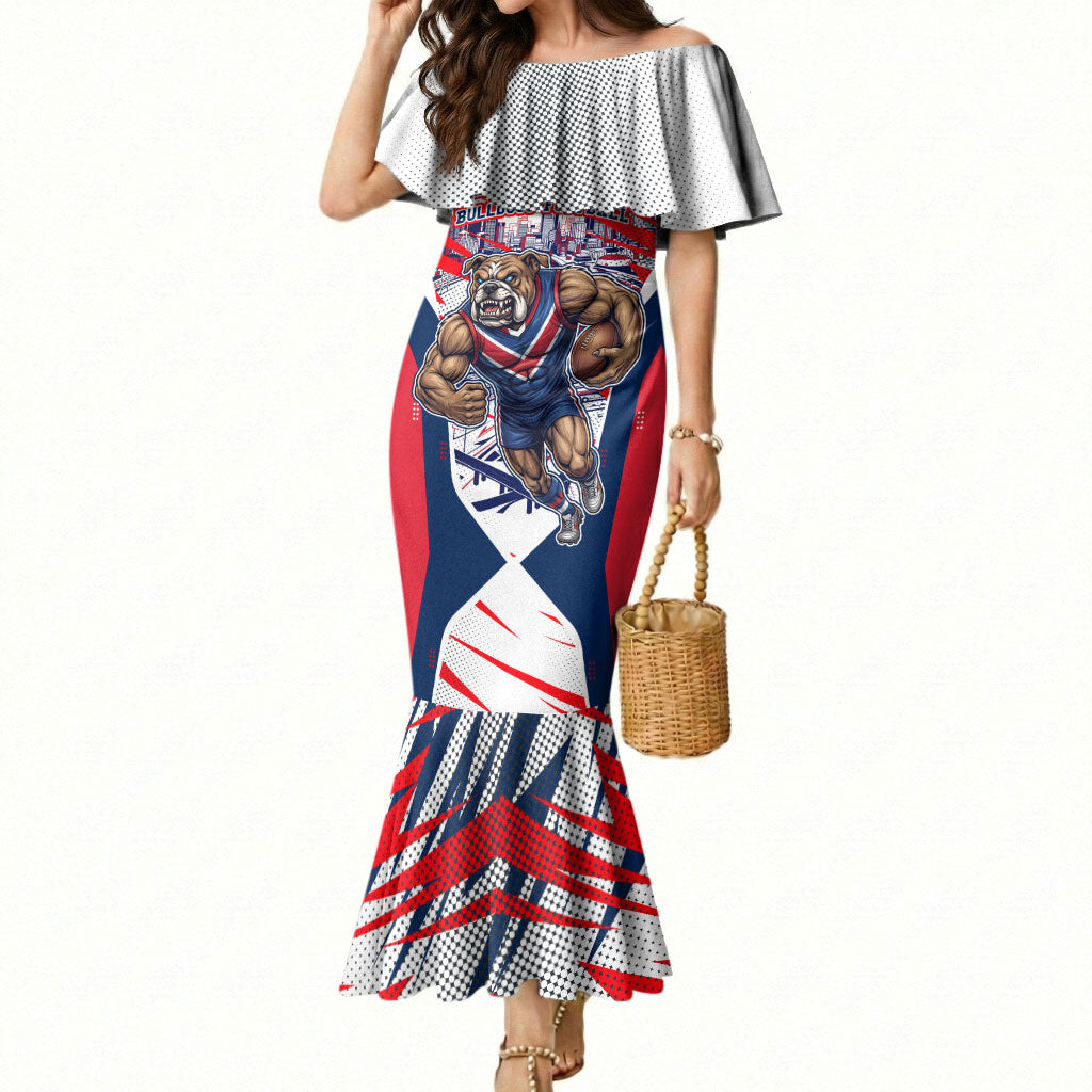 Personalised Western Bulldogs Fan Pride Mermaid Dress Muscular Bulldog Mascot Graphic Art With Melbourne City Skyline