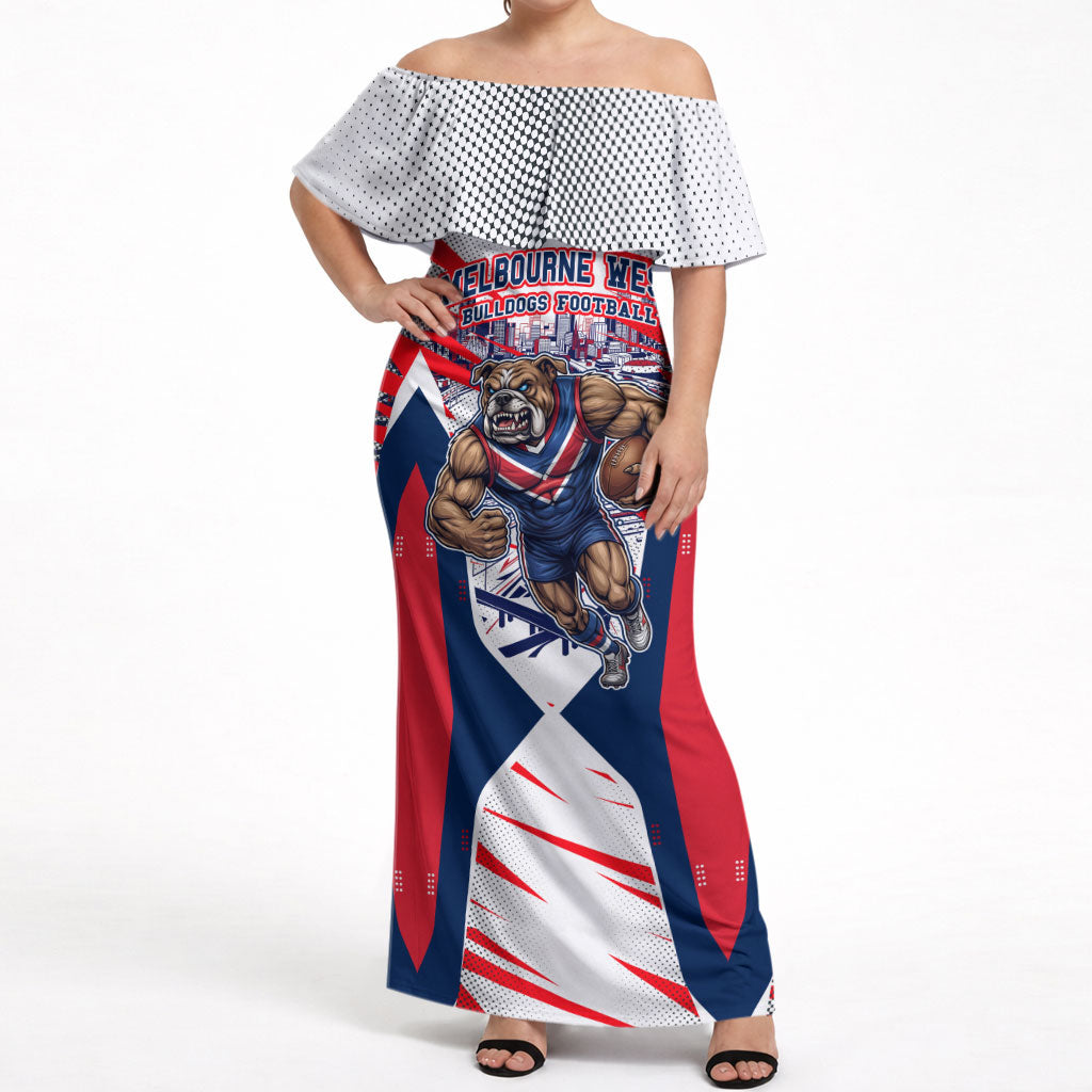 Personalised Western Bulldogs Fan Pride Off Shoulder Maxi Dress Muscular Bulldog Mascot Graphic Art With Melbourne City Skyline