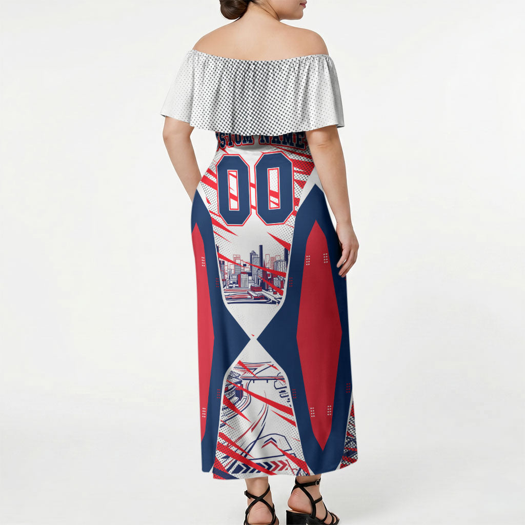 Personalised Western Bulldogs Fan Pride Off Shoulder Maxi Dress Muscular Bulldog Mascot Graphic Art With Melbourne City Skyline