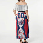Personalised Western Bulldogs Fan Pride Off Shoulder Maxi Dress Muscular Bulldog Mascot Graphic Art With Melbourne City Skyline