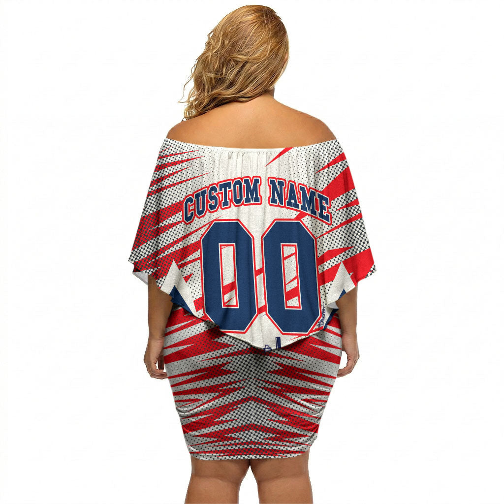 Personalised Western Bulldogs Fan Pride Off Shoulder Short Dress Muscular Bulldog Mascot Graphic Art With Melbourne City Skyline